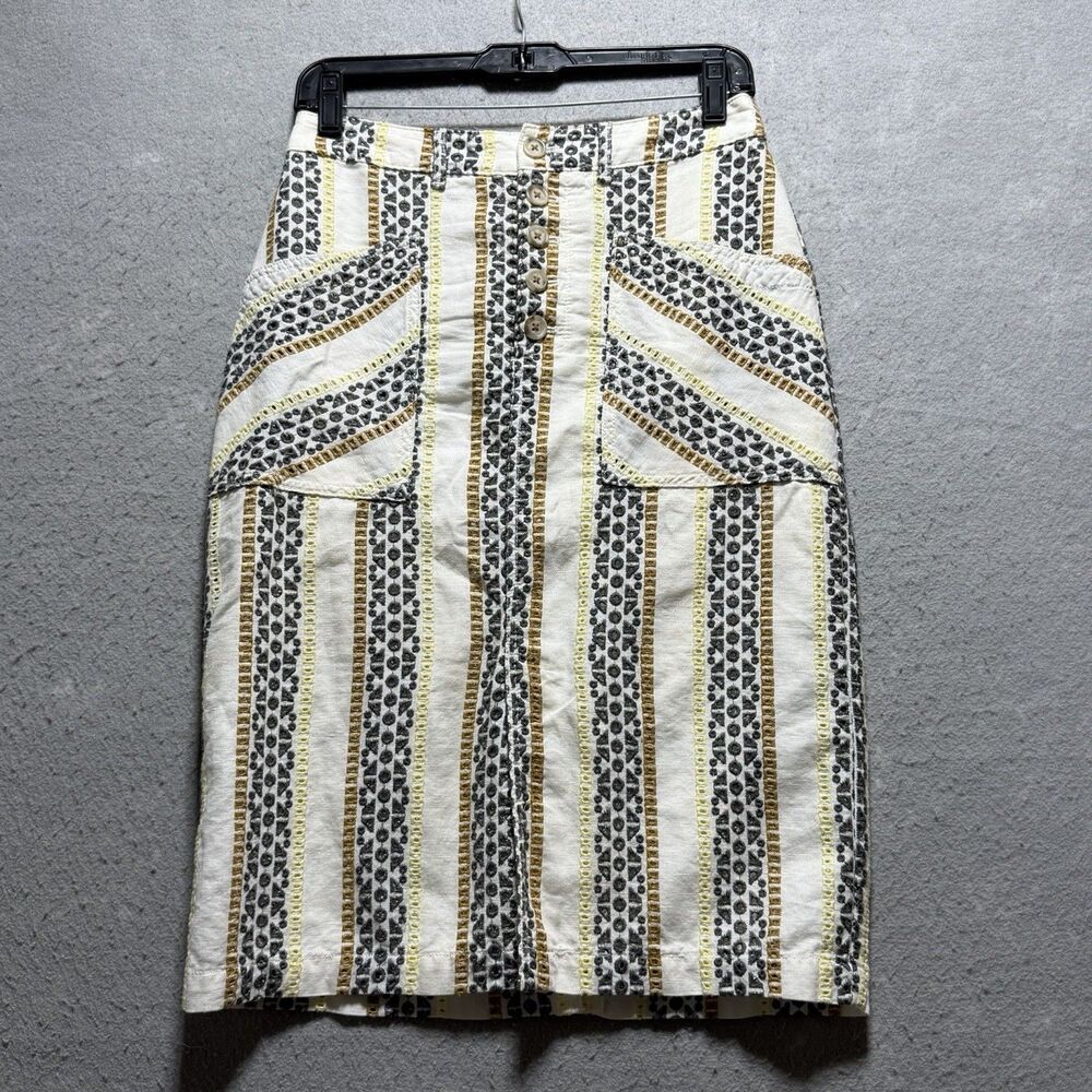 Anthropologie Skirt Womens 4 Button Embroidered Striped Midi Skirt Cotton Blend